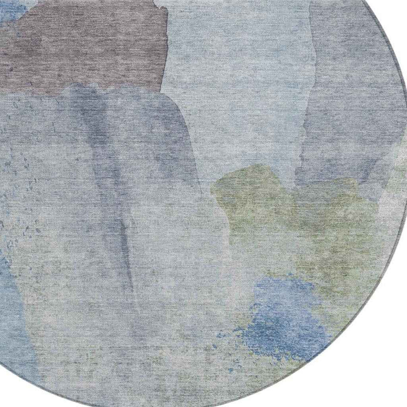 8' Denim Blue And Gray Round Abstract Washable Indoor Outdoor Area Rug