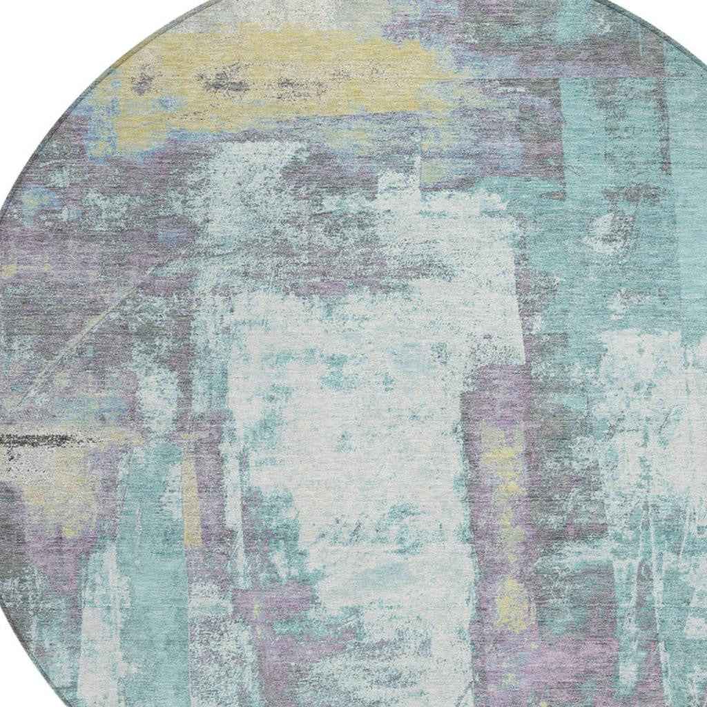8' Teal Blue And Ivory Round Abstract Washable Indoor Outdoor Area Rug