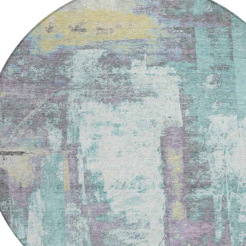 8' Teal Blue And Ivory Round Abstract Washable Indoor Outdoor Area Rug
