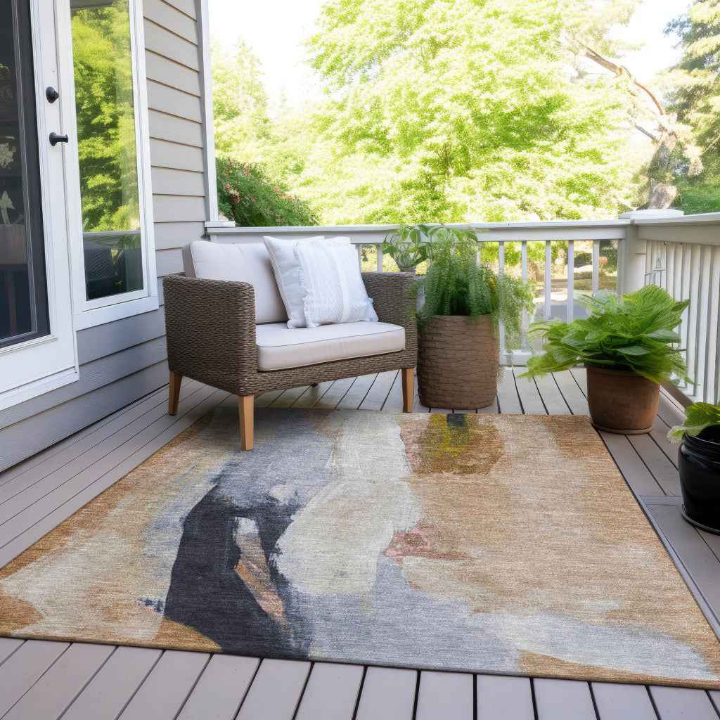 10' X 14' Beige And Navy Blue Abstract Washable Indoor Outdoor Area Rug