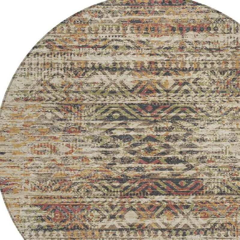 8' Beige And Fern Green Round Moroccan Washable Indoor Outdoor Area Rug