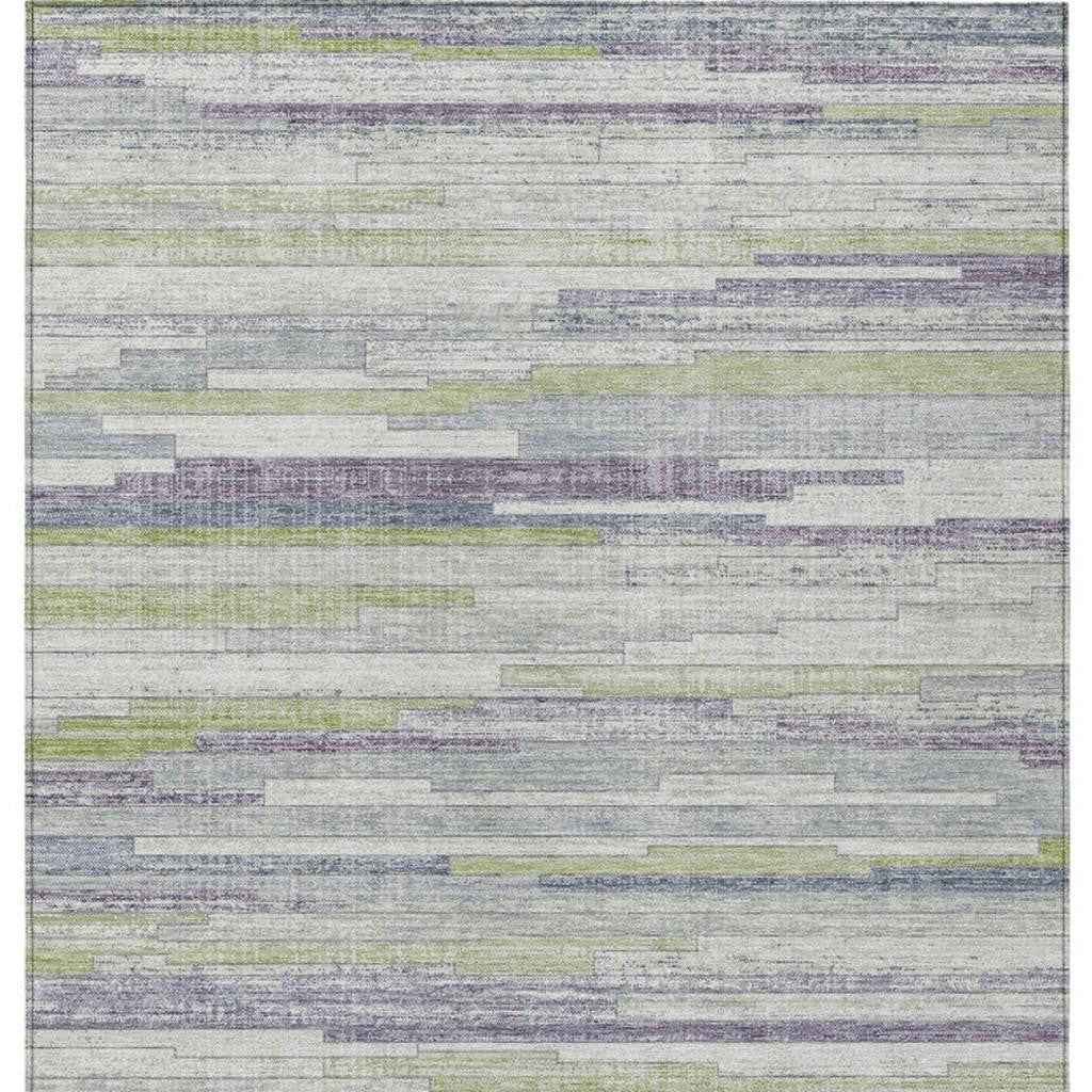 8' X 10' Artichoke Green And Plum Striped Washable Indoor Outdoor Area Rug