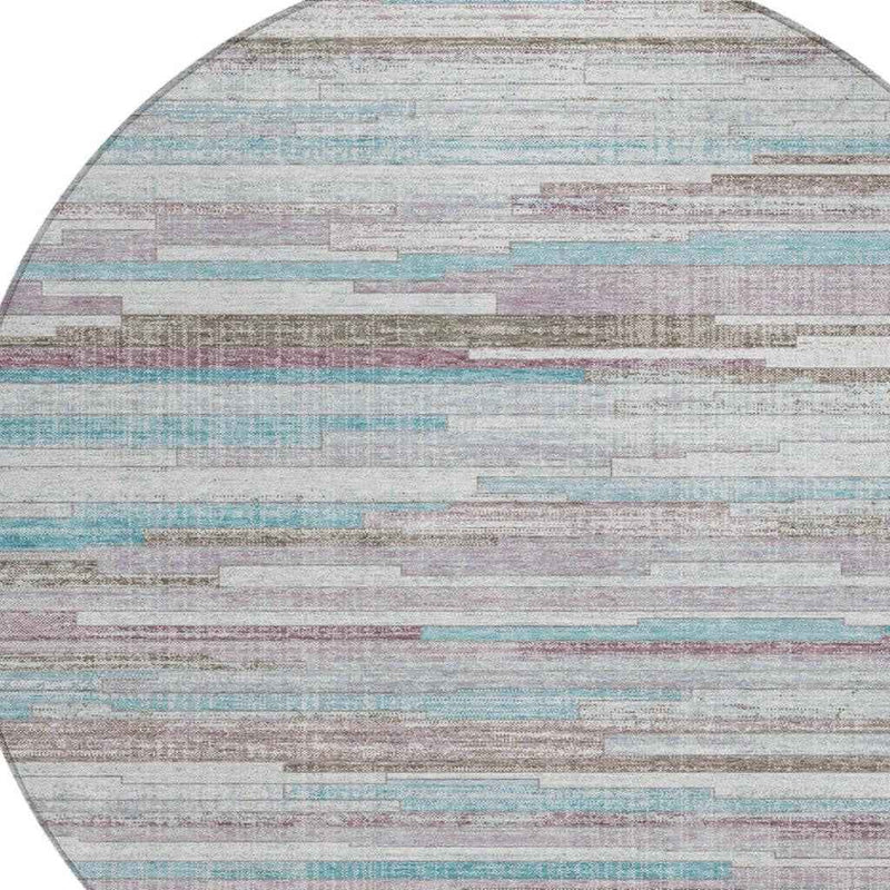 8' Teal Blue And Beige Round Striped Washable Indoor Outdoor Area Rug