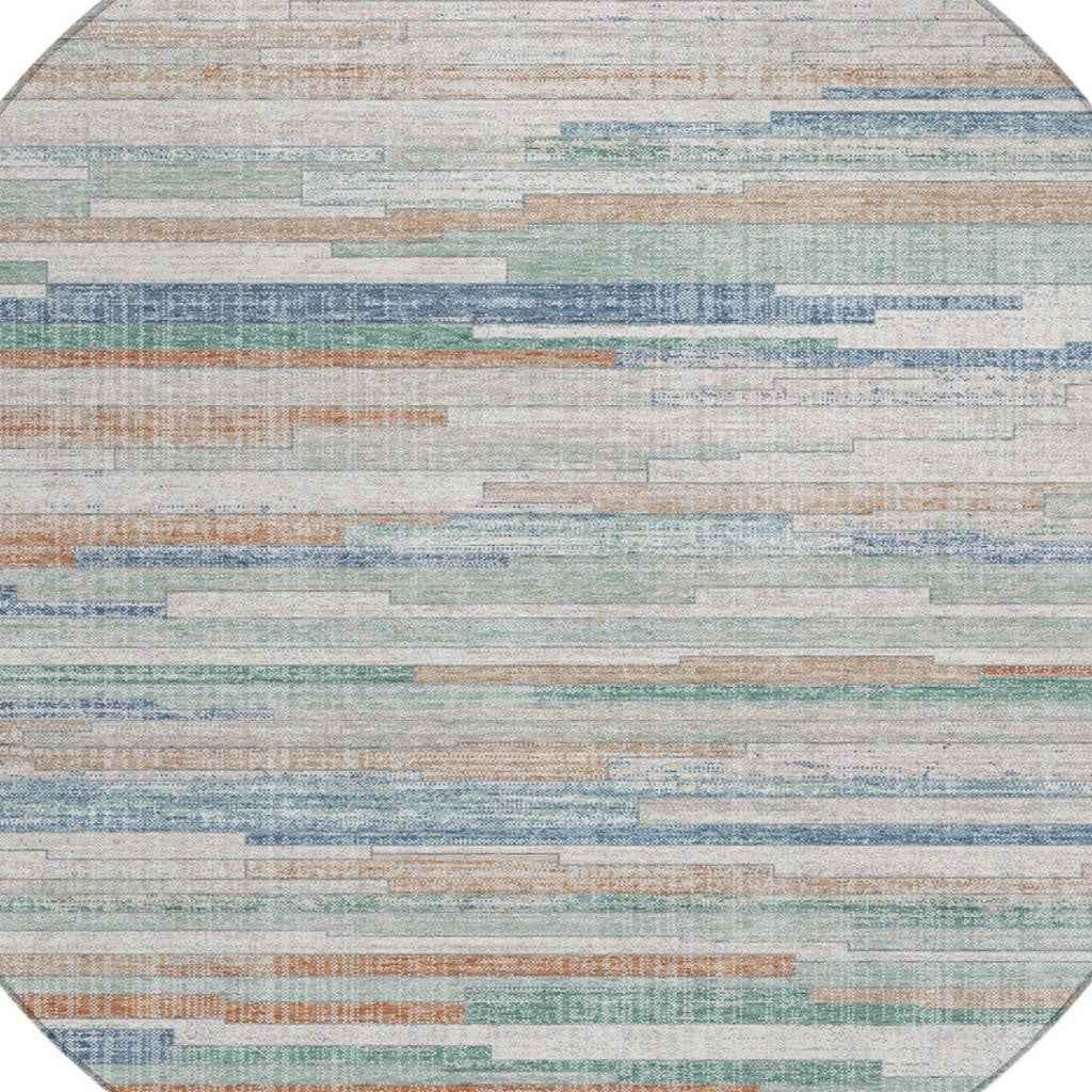 8' Linen And Pale Aqua Round Striped Washable Indoor Outdoor Area Rug
