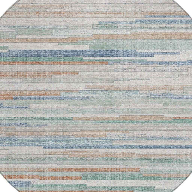 8' Linen And Pale Aqua Round Striped Washable Indoor Outdoor Area Rug