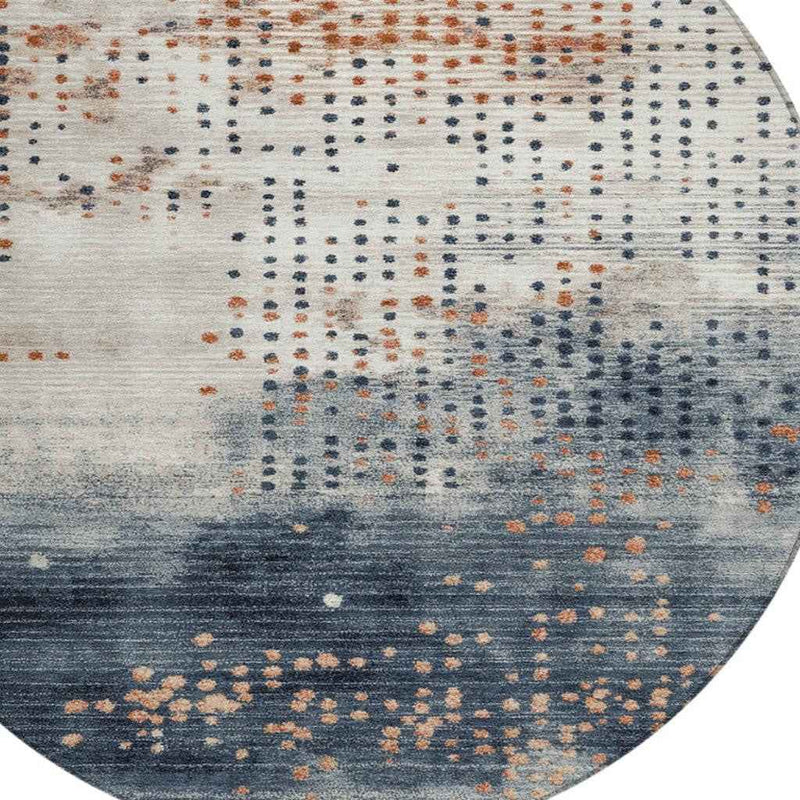 8' Linen And Navy Blue Round Geometric Washable Indoor Outdoor Area Rug