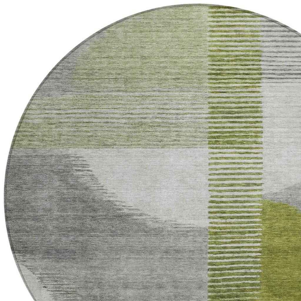 8' Olive Green And Gray Round Geometric Washable Indoor Outdoor Area Rug