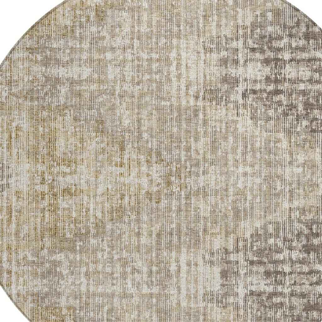 8' Khaki And Beige Round Geometric Washable Indoor Outdoor Area Rug