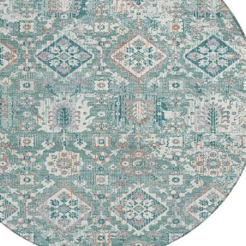 8' Pale Aqua And Copper Round Floral Medallion Washable Indoor Outdoor Area Rug