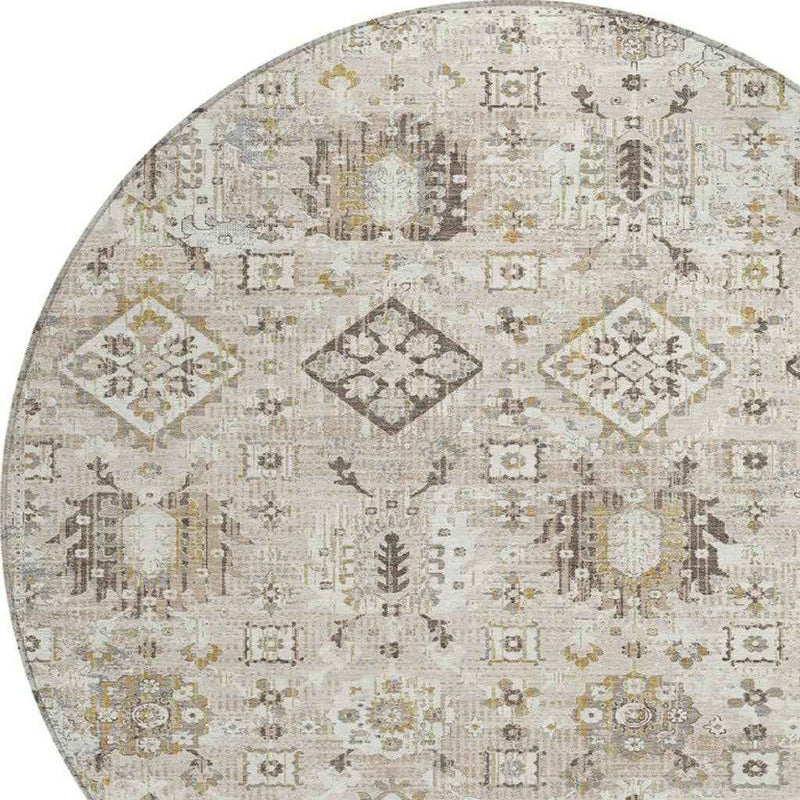 8' Linen And Ivory Round Floral Medallion Washable Indoor Outdoor Area Rug