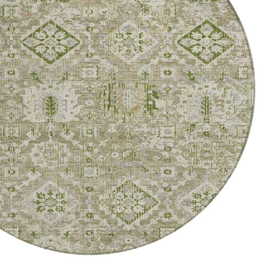 8' Fern Green And Beige Round Floral Medallion Washable Indoor Outdoor Area Rug