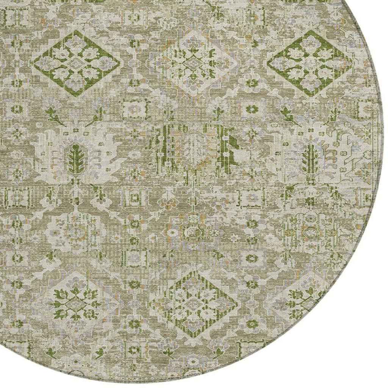 8' Fern Green And Beige Round Floral Medallion Washable Indoor Outdoor Area Rug