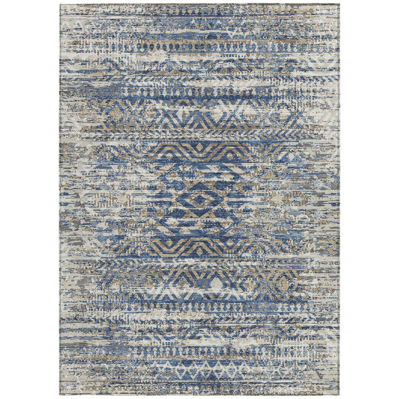 9' X 12' Blue And Beige Moroccan Washable Indoor Outdoor Area Rug