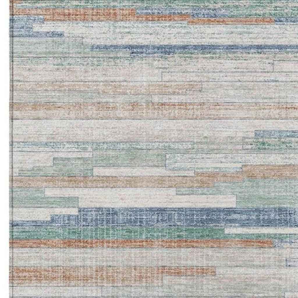 3' X 5' Linen And Pale Aqua Striped Washable Indoor Outdoor Area Rug