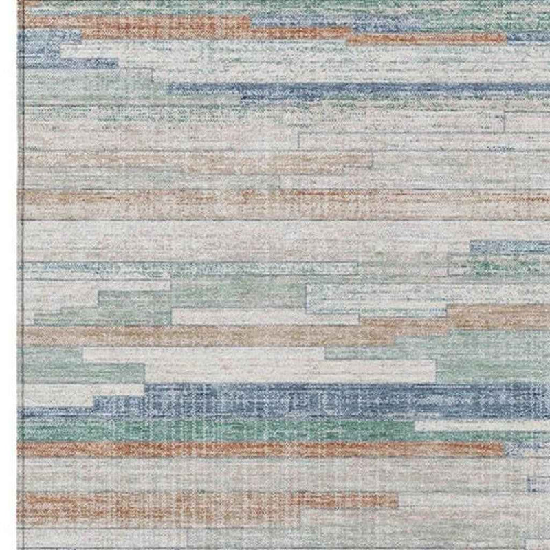 3' X 5' Linen And Pale Aqua Striped Washable Indoor Outdoor Area Rug