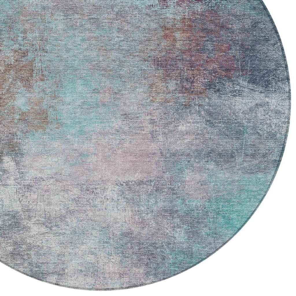 8' Teal Blue And Blush Round Abstract Washable Indoor Outdoor Area Rug