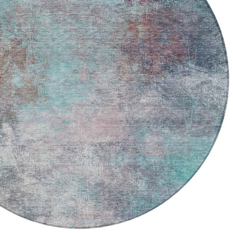 8' Teal Blue And Blush Round Abstract Washable Indoor Outdoor Area Rug