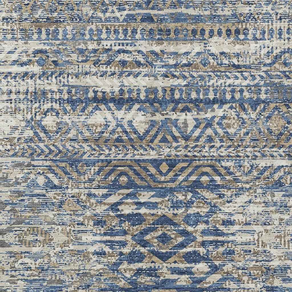 3' X 5' Blue And Beige Moroccan Washable Indoor Outdoor Area Rug