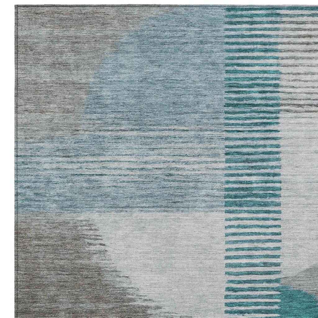8' X 10' Teal Blue And Gray Geometric Washable Indoor Outdoor Area Rug