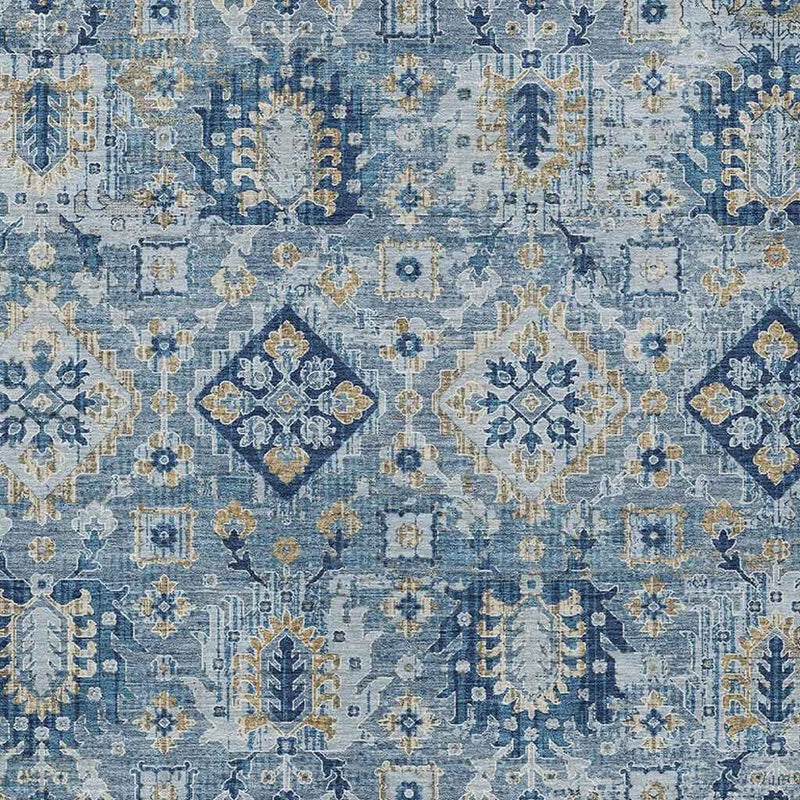 3' X 5' Denim Blue And Gold Floral Medallion Washable Indoor Outdoor Area Rug