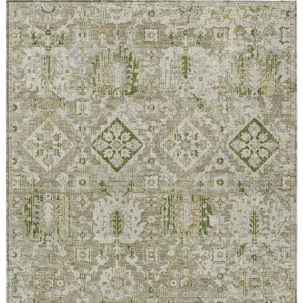 3' X 5' Fern Green And Beige Floral Medallion Washable Indoor Outdoor Area Rug