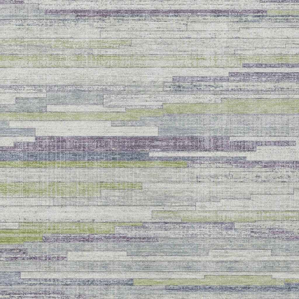 5' X 8' Artichoke Green And Plum Striped Washable Indoor Outdoor Area Rug