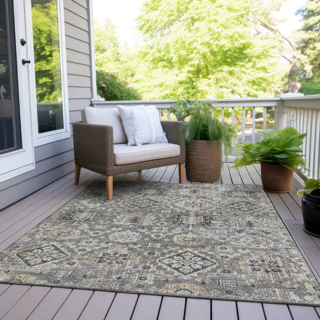3' X 5' Gray And Copper Floral Medallion Washable Indoor Outdoor Area Rug