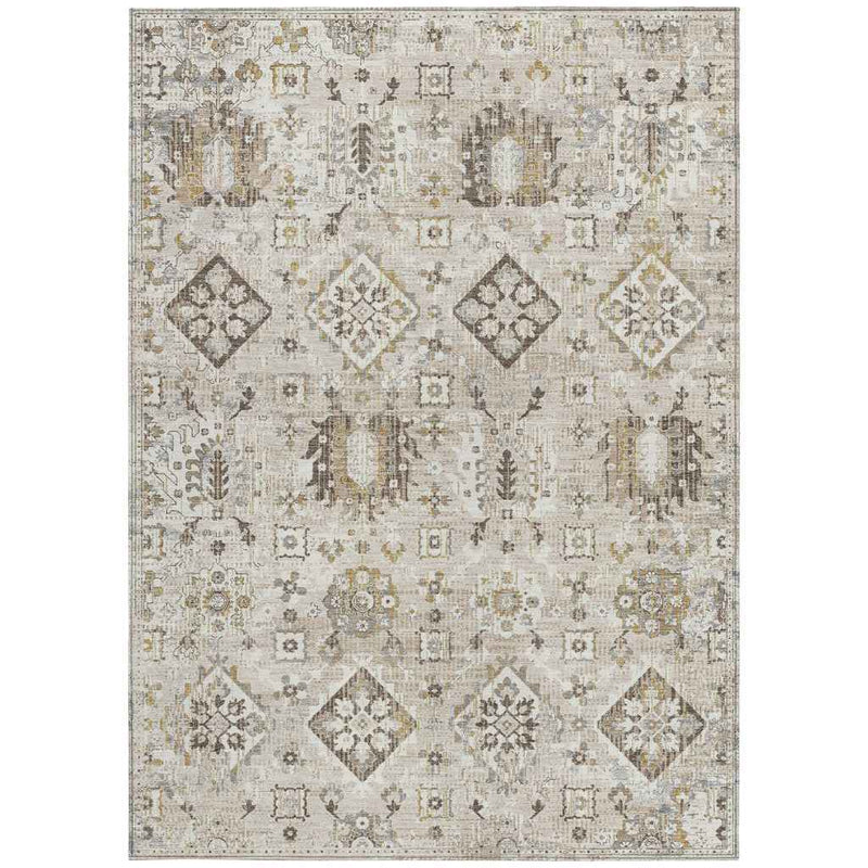 8' X 10' Linen And Ivory Floral Medallion Washable Indoor Outdoor Area Rug