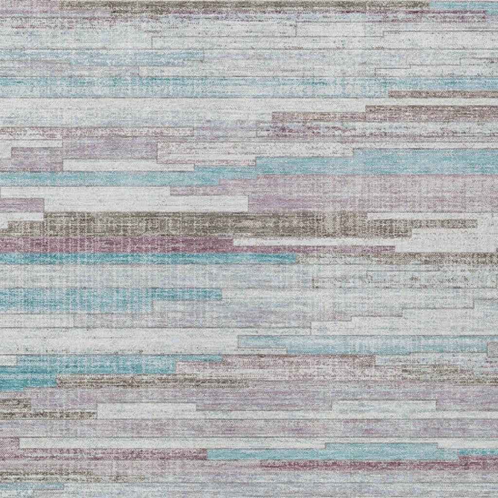 8' X 10' Teal Blue And Beige Striped Washable Indoor Outdoor Area Rug