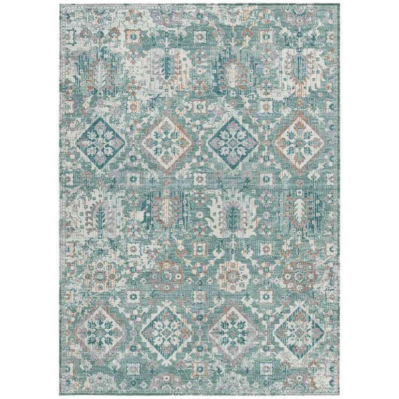 5' X 8' Pale Aqua And Copper Floral Medallion Washable Indoor Outdoor Area Rug