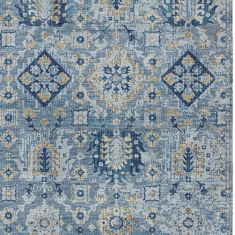 8' X 10' Denim Blue And Gold Floral Medallion Washable Indoor Outdoor Area Rug