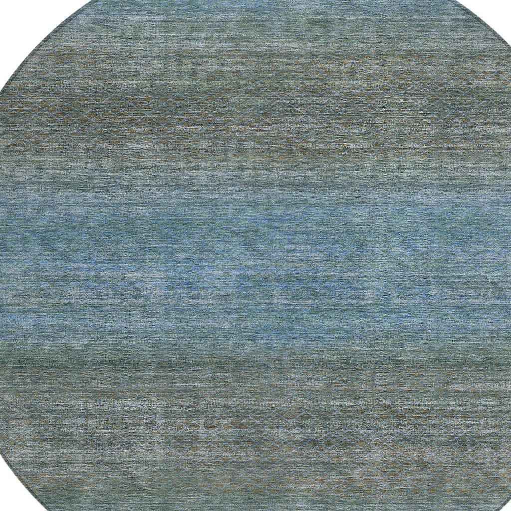 8' Blue And Taupe Round Geometric Washable Indoor Outdoor Area Rug