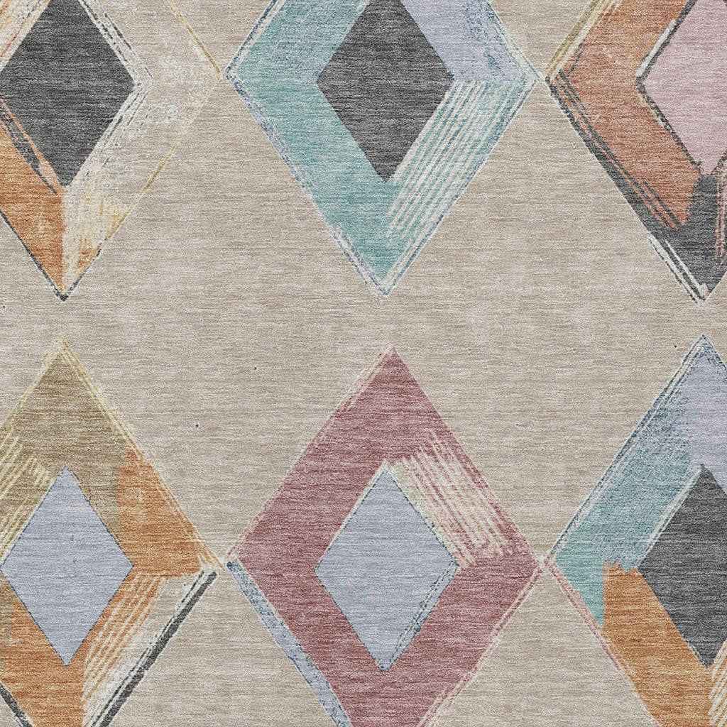 5' X 8' Beige Mauve And Charcoal Geometric Washable Indoor Outdoor Area Rug