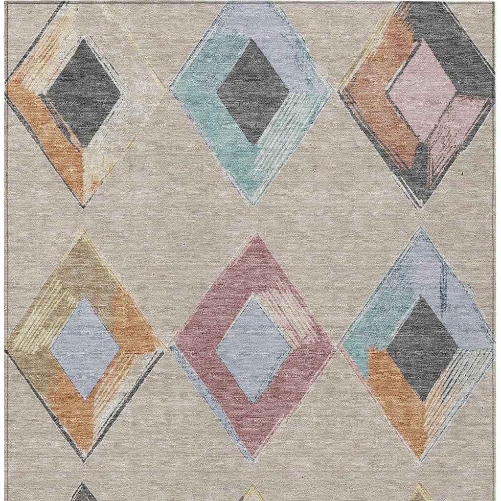 5' X 8' Beige Mauve And Charcoal Geometric Washable Indoor Outdoor Area Rug