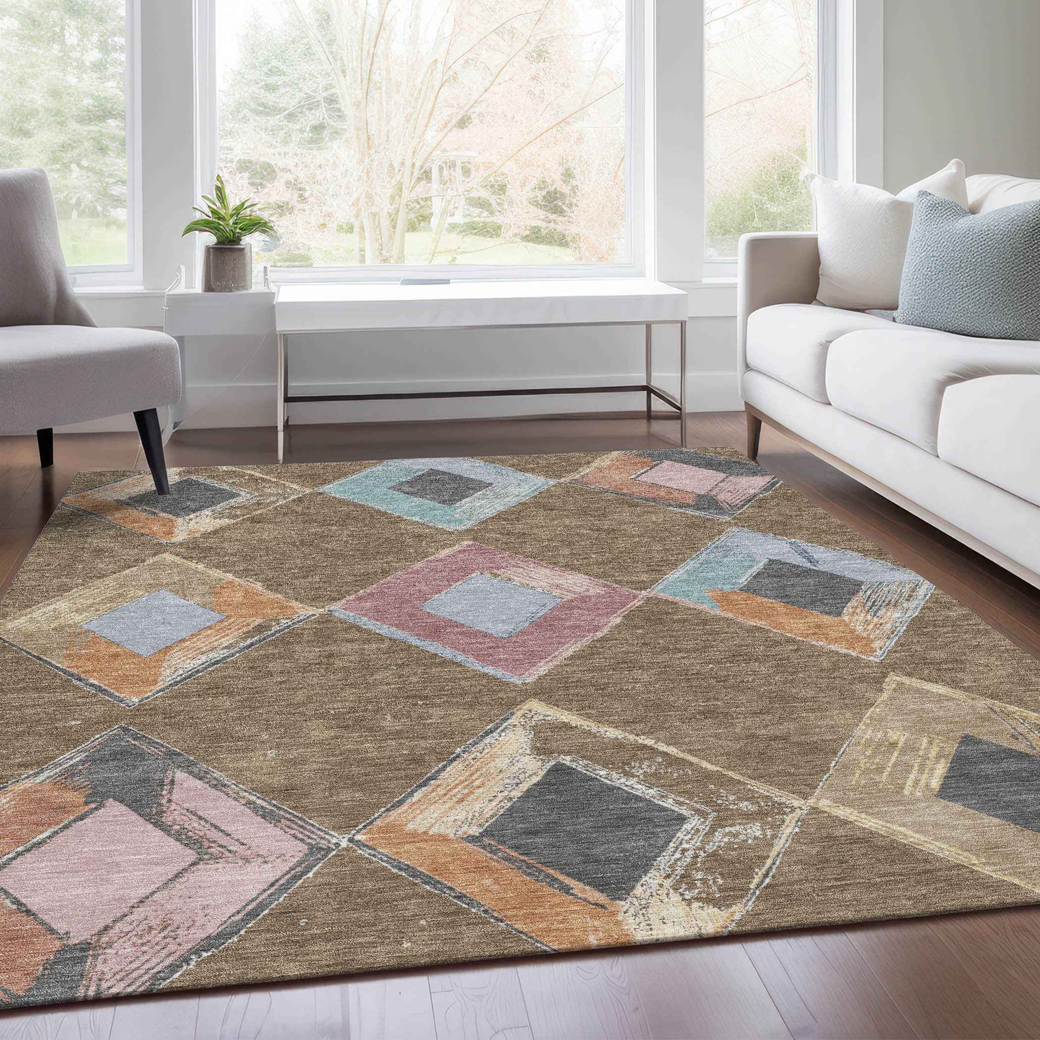 9' X 12' Brown Mauve And Charcoal Geometric Washable Indoor Outdoor Area Rug