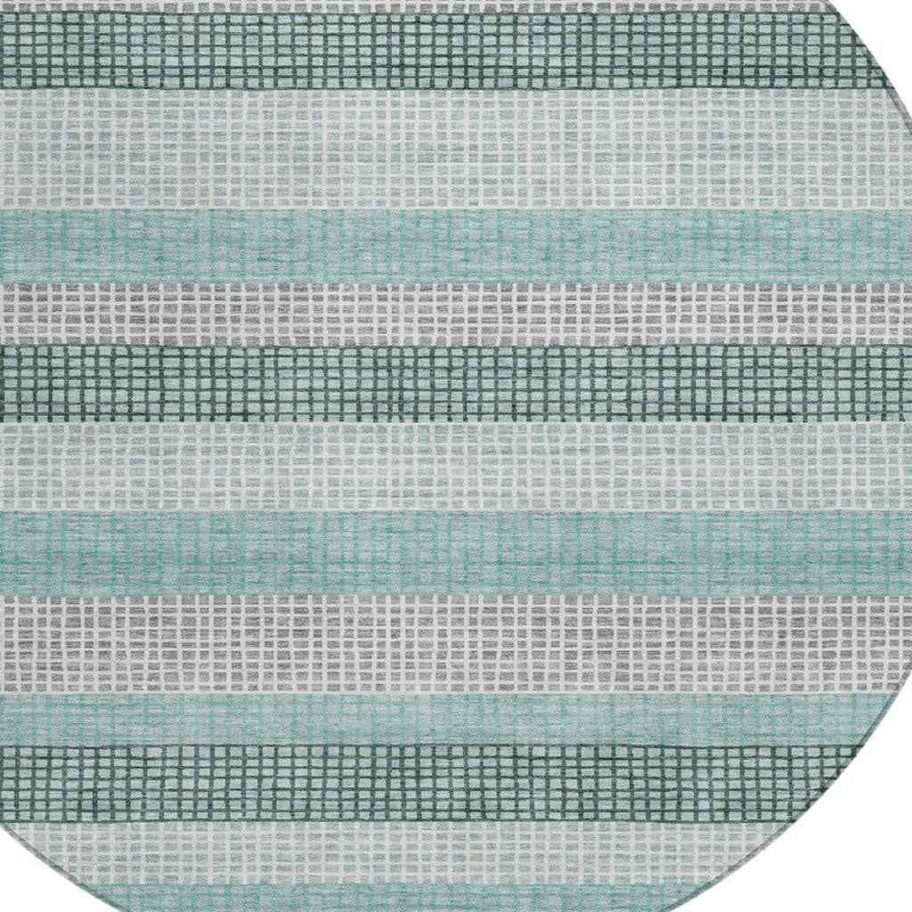 8' Teal Blue And Ivory Round Striped Washable Indoor Outdoor Area Rug
