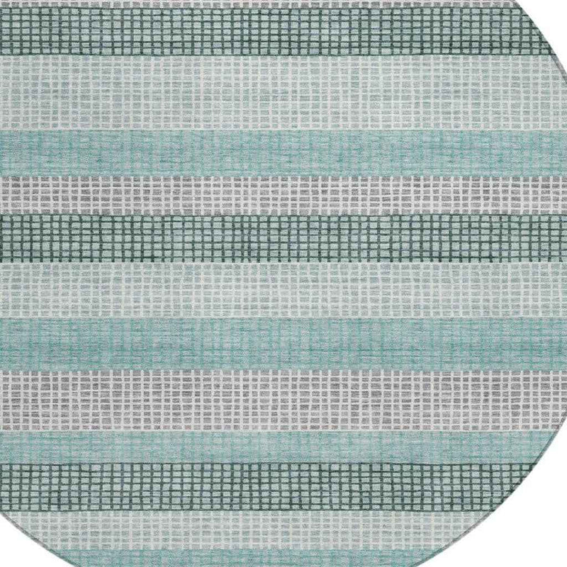 8' Teal Blue And Ivory Round Striped Washable Indoor Outdoor Area Rug