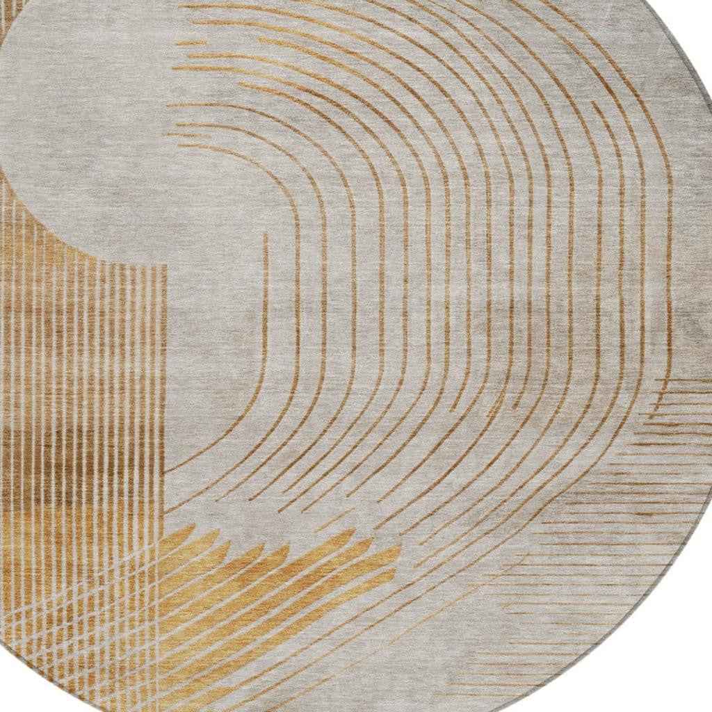 8' Gold And Ivory Round Geometric Washable Indoor Outdoor Area Rug