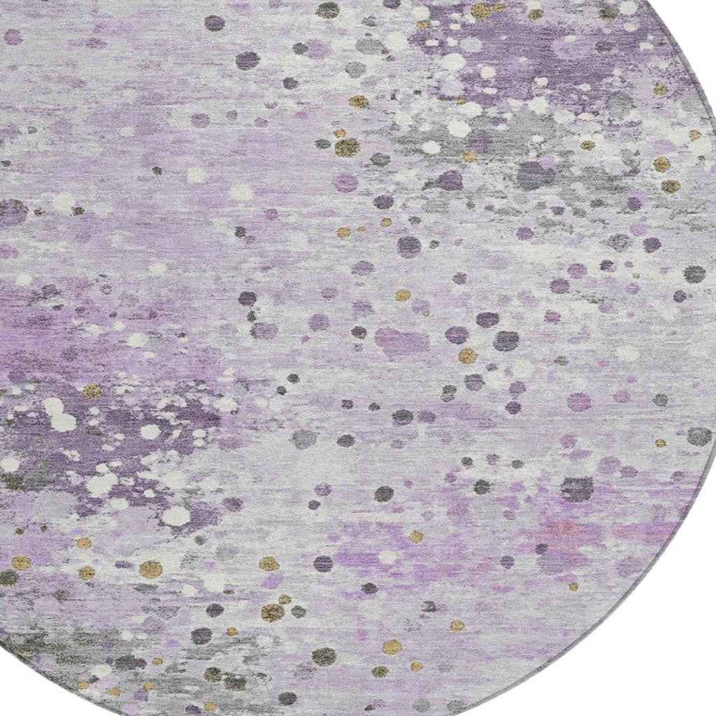 8' Lavender And Ivory Round Abstract Washable Indoor Outdoor Area Rug