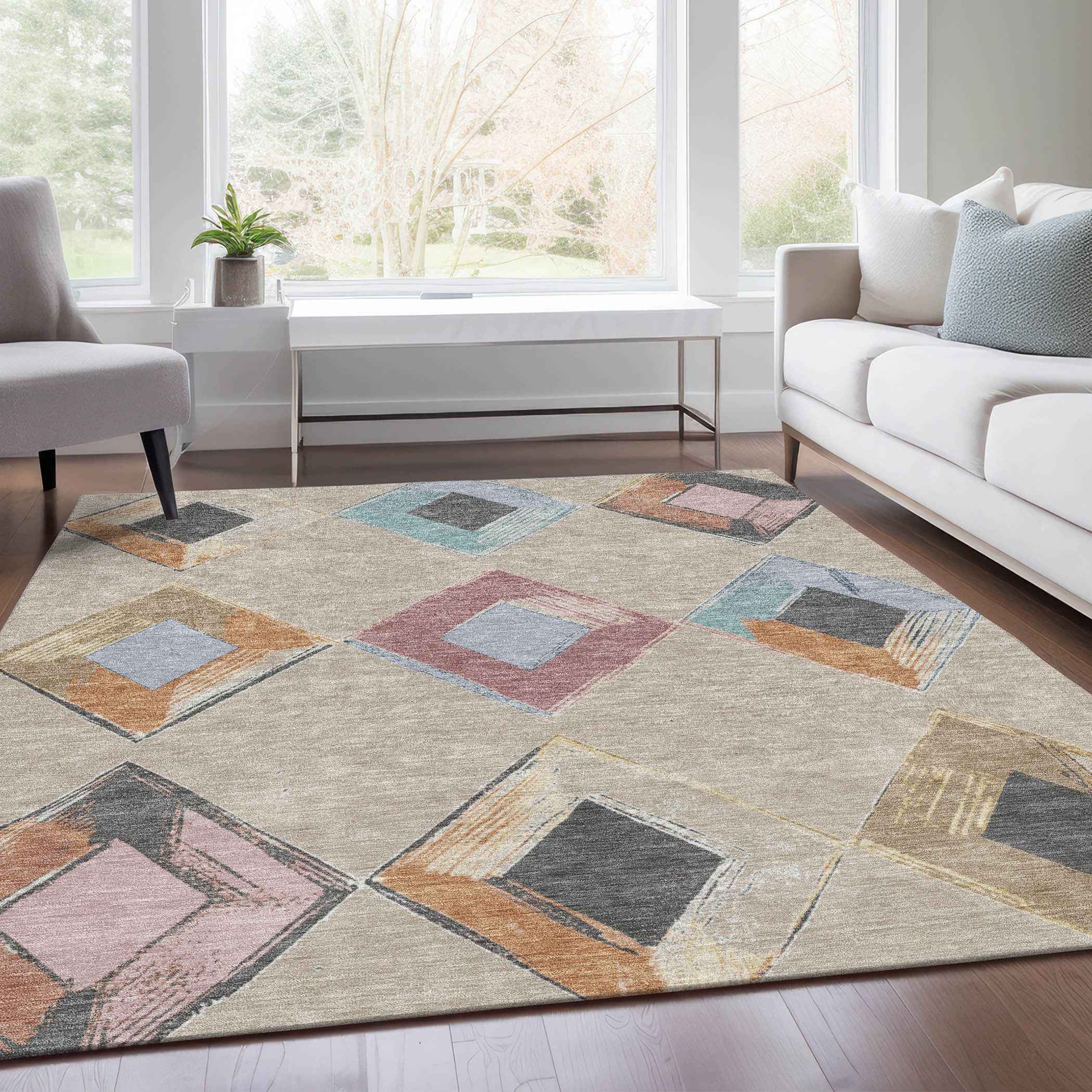 3' X 5' Beige Mauve And Charcoal Geometric Washable Indoor Outdoor Area Rug