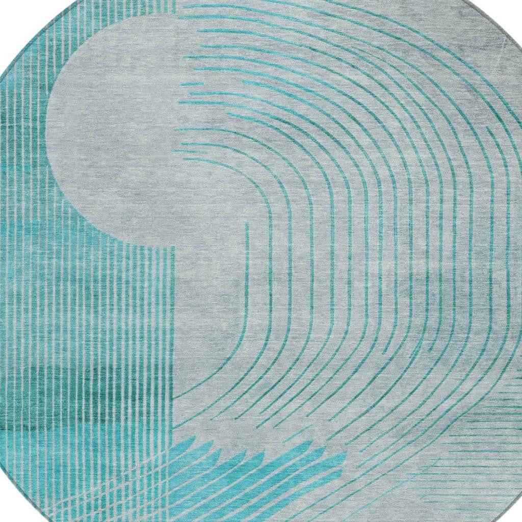 8' Teal Blue And Beige Round Geometric Washable Indoor Outdoor Area Rug