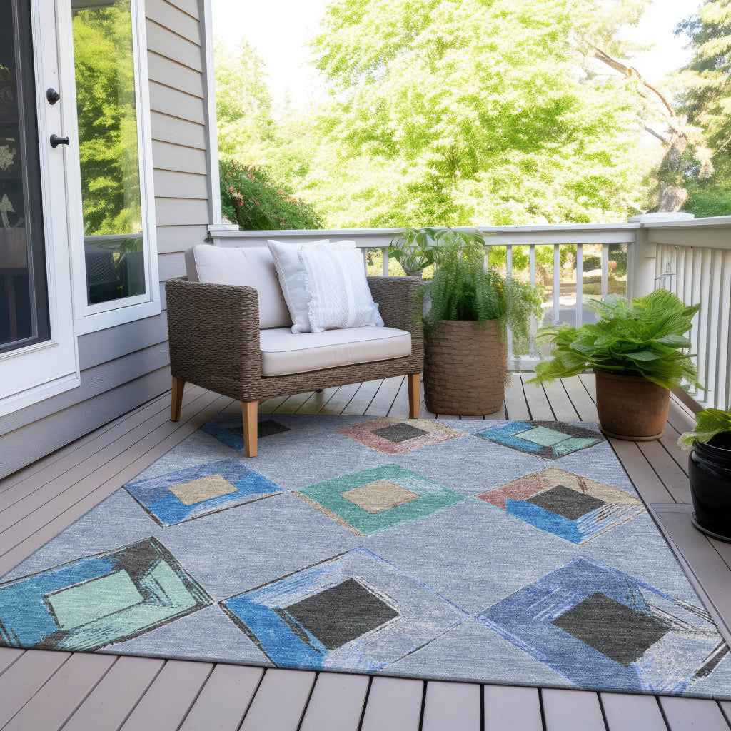 3' X 5' Denim Blue Mint Green And Gray Geometric Washable Indoor Outdoor Area Rug
