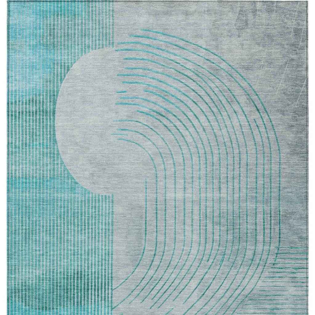 5' X 8' Teal Blue And Beige Geometric Washable Indoor Outdoor Area Rug
