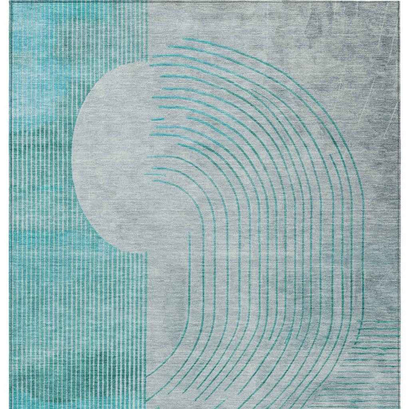 5' X 8' Teal Blue And Beige Geometric Washable Indoor Outdoor Area Rug