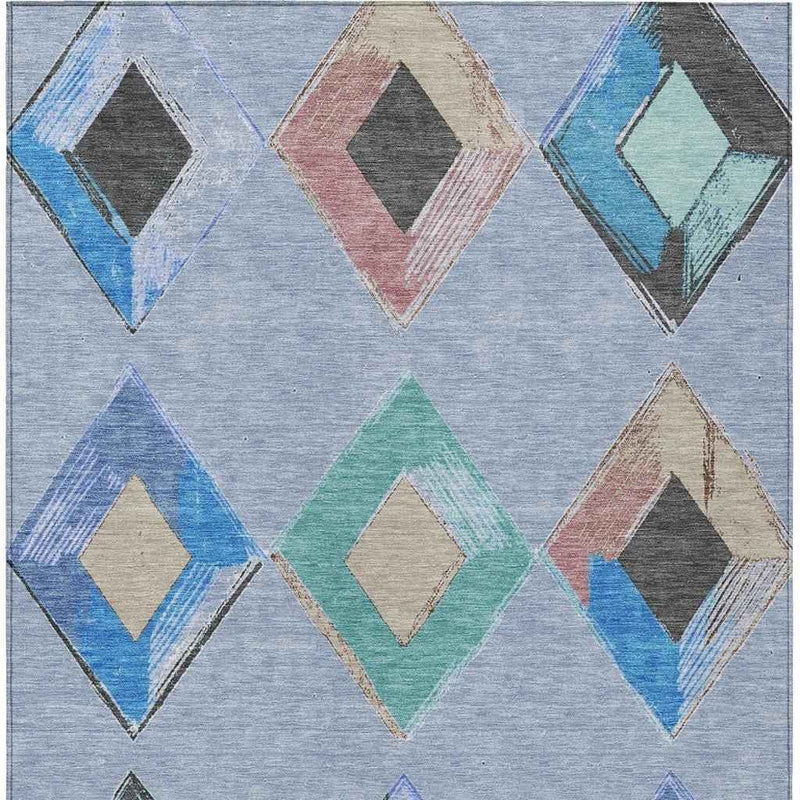 5' X 8' Denim Blue Mint Green And Gray Geometric Washable Indoor Outdoor Area Rug