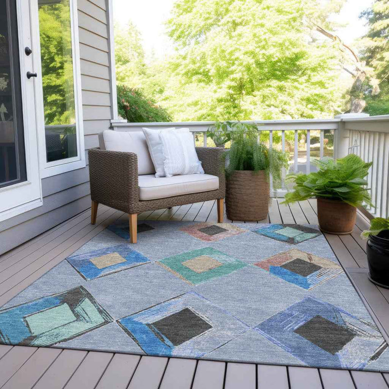9' X 12' Denim Blue Mint Green And Gray Geometric Washable Indoor Outdoor Area Rug