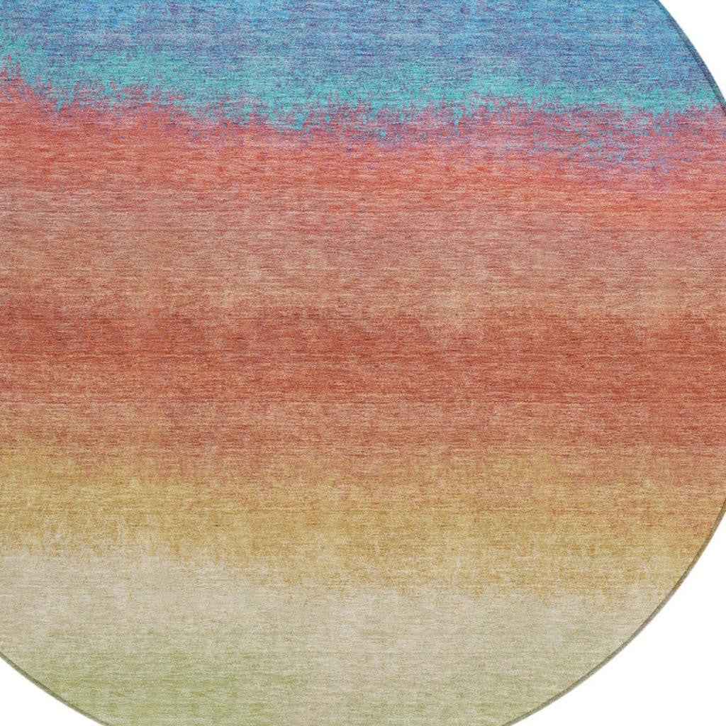 8' Coral And Blue Round Ombre Washable Indoor Outdoor Area Rug