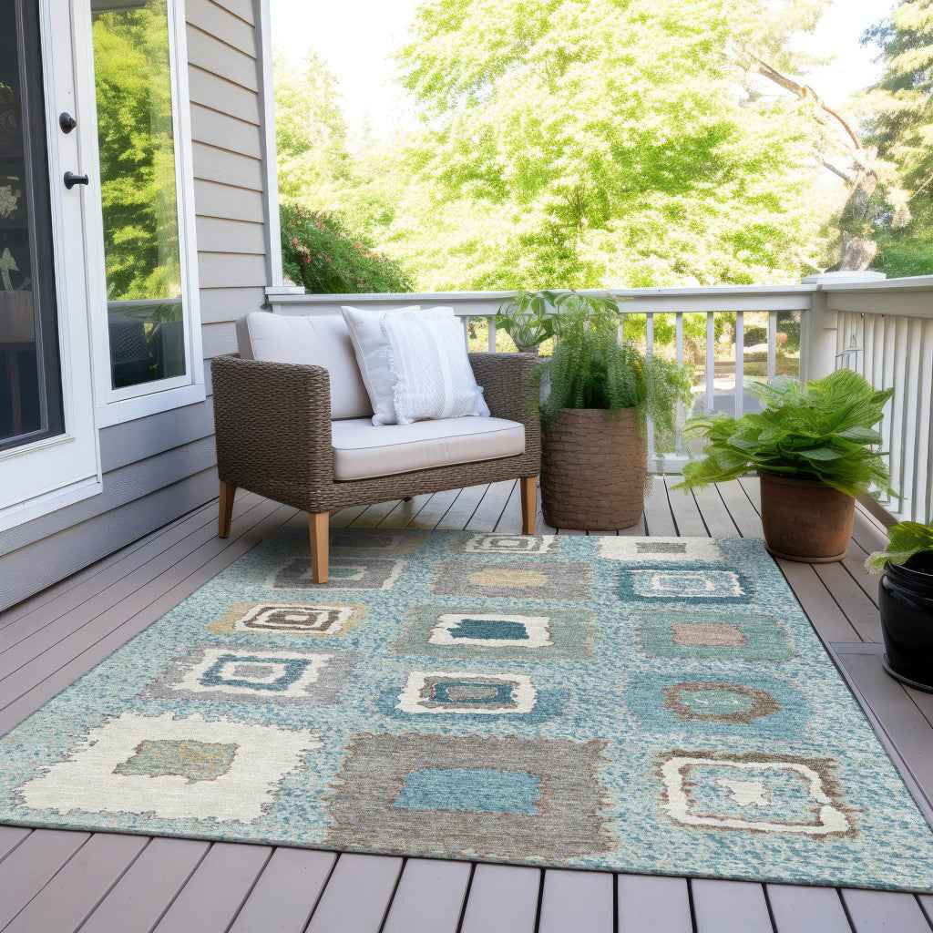 3' X 5' Teal Blue Beige And Ivory Geometric Washable Indoor Outdoor Area Rug