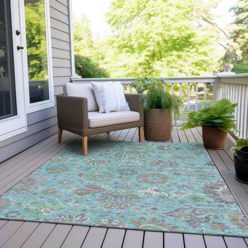 3' X 5' Teal Blue Taupe And Ivory Floral Washable Indoor Outdoor Area Rug