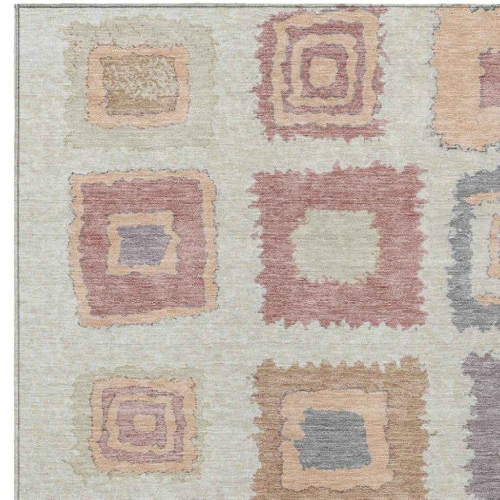 5' X 8' Peach Ivory And Beige Geometric Washable Indoor Outdoor Area Rug